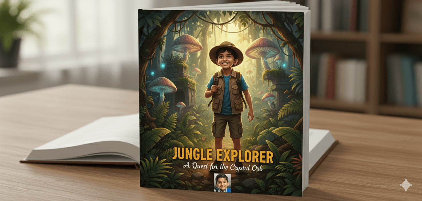 Personalized storybook showcase showing child's photo integrated into book pages